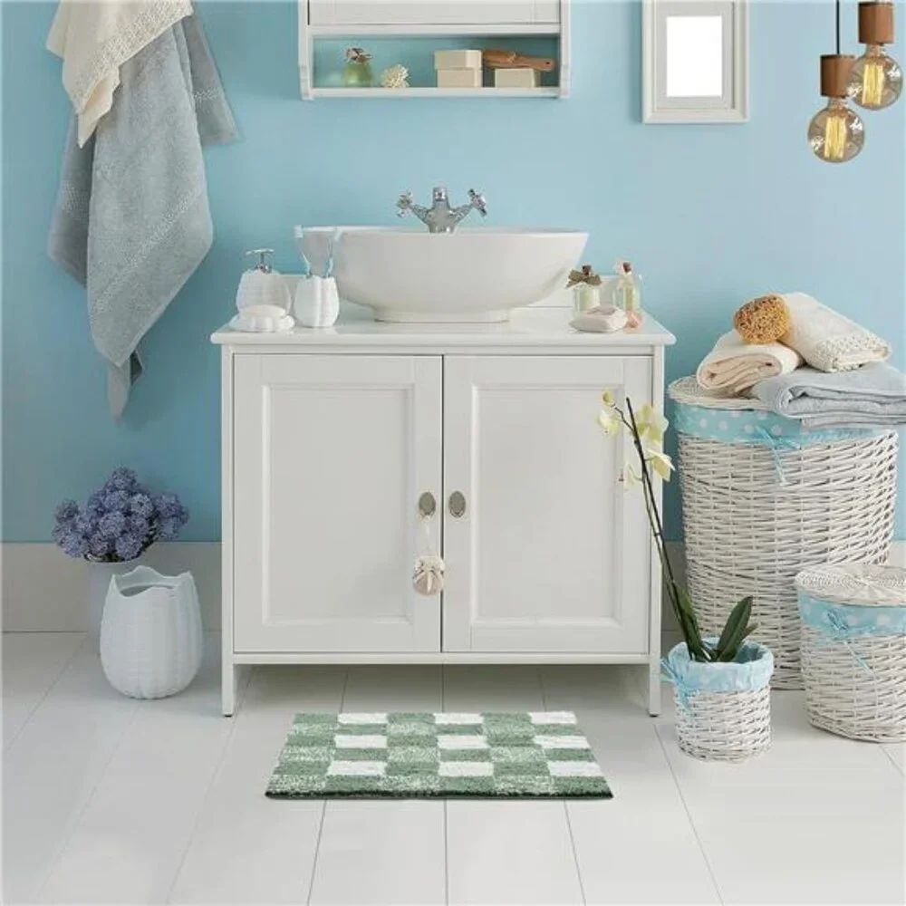 Non Slip Bath Mat Microfiber Absorbent Checkered Bathroom Rug Sage Green